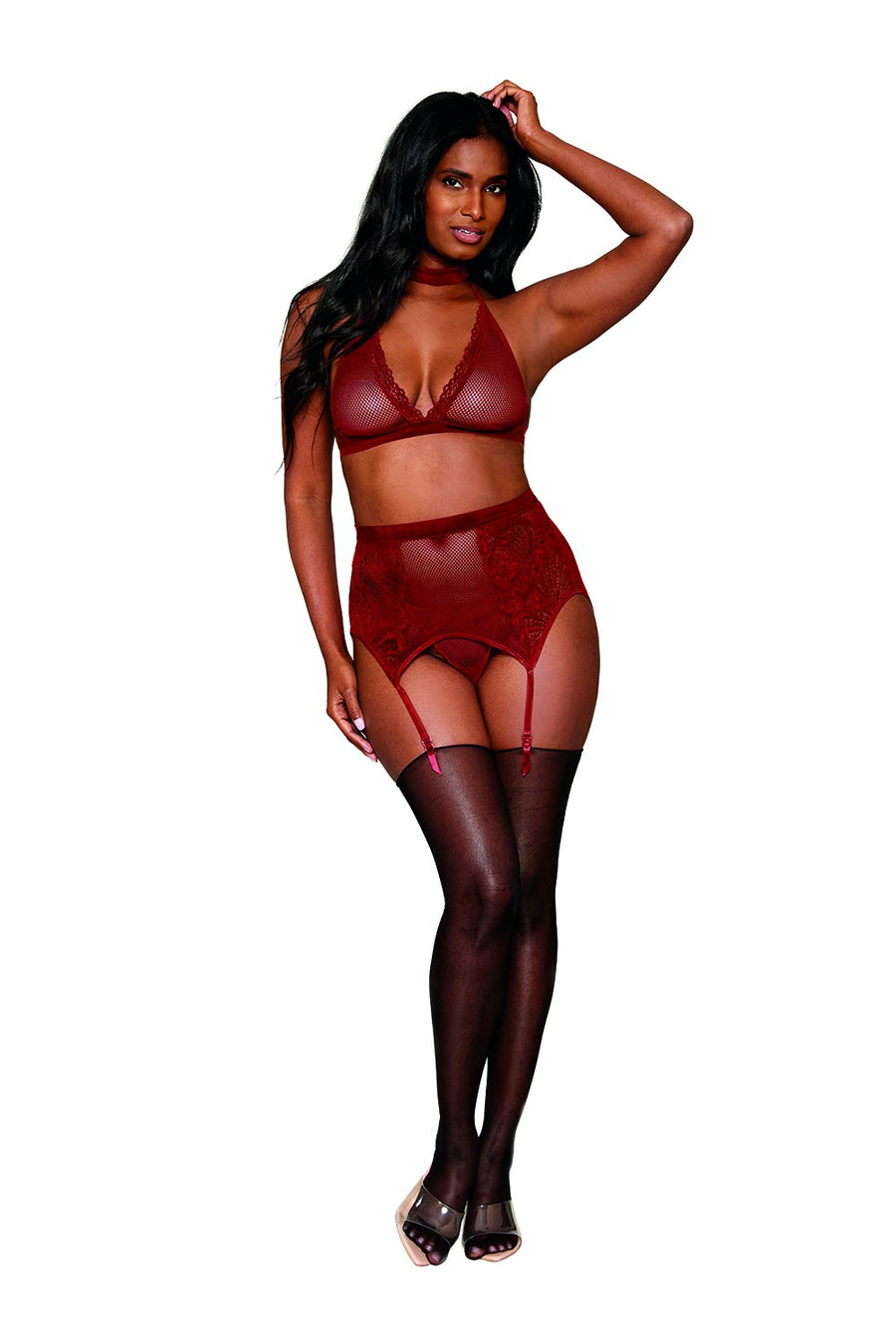 Ensemble 4 pièces soutien gorge, tour de cou, string et porte jarretelles rouge – Dreamgirl | Voyage Sensuel