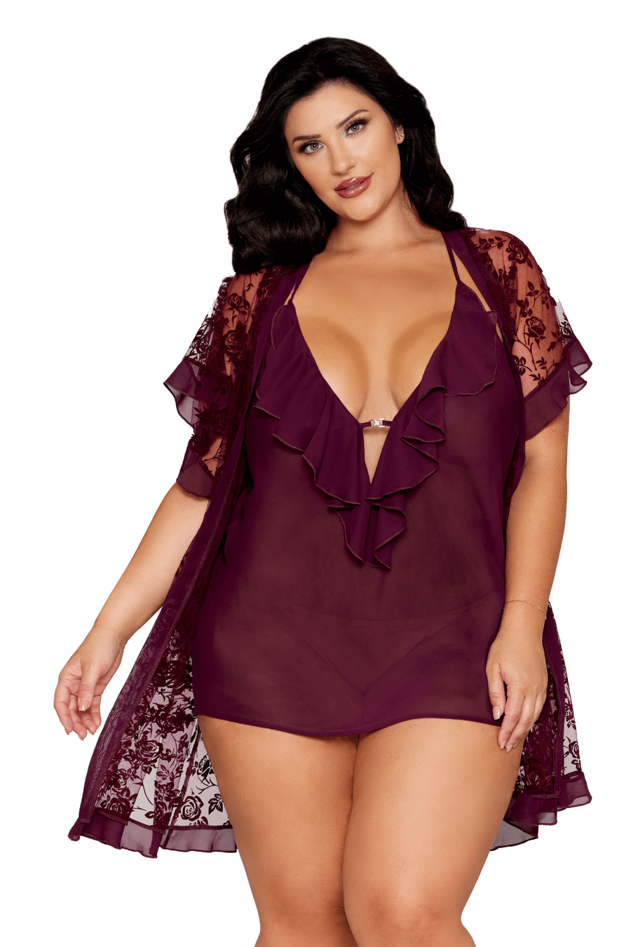Nuisette et peignoir grande taille couleur aubergine – Dreamgirl | Voyage Sensuel