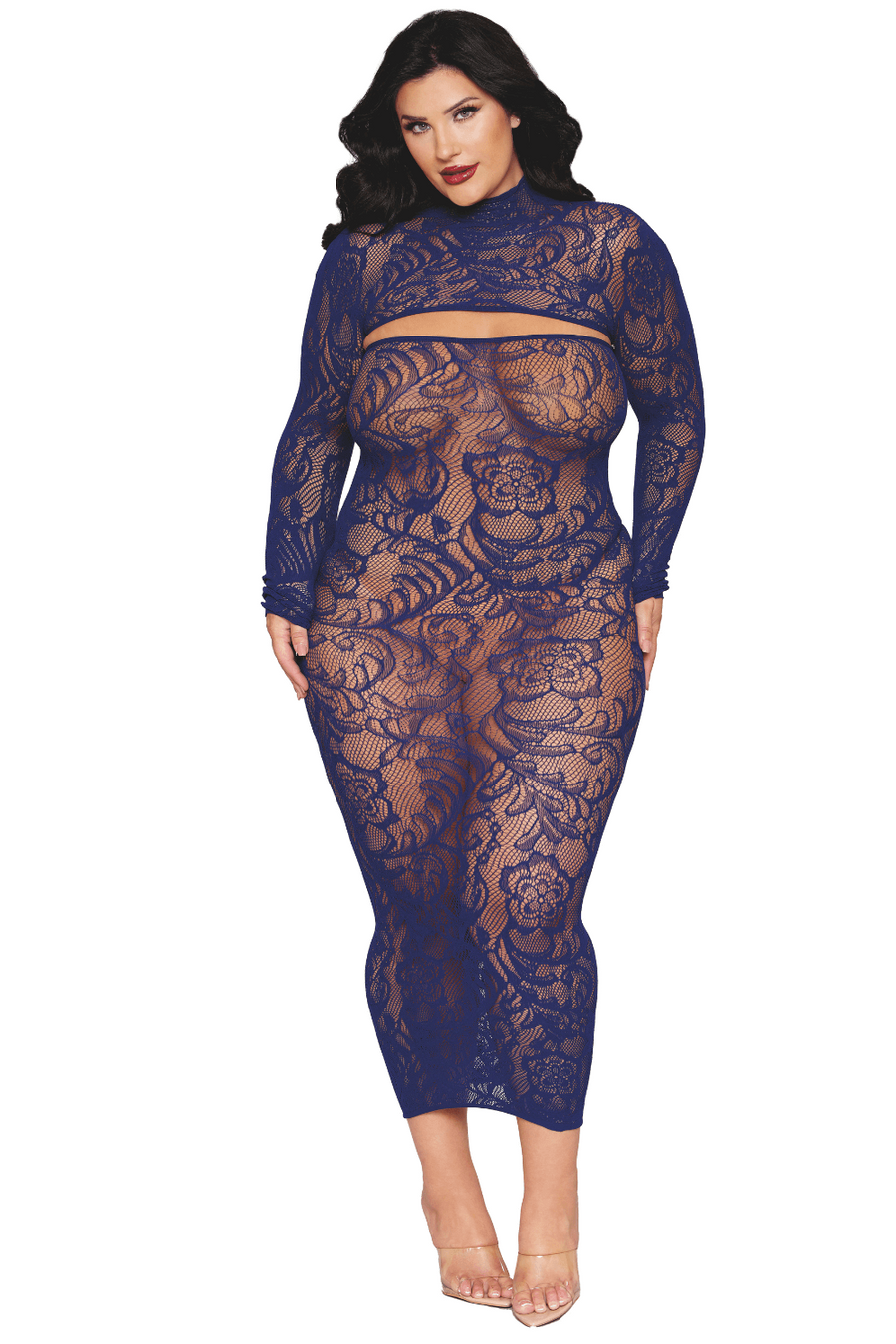 Ensemble 2 pièces grande taille top manches longues et robe bleu marine – Dreamgirl | Voyage Sensuel