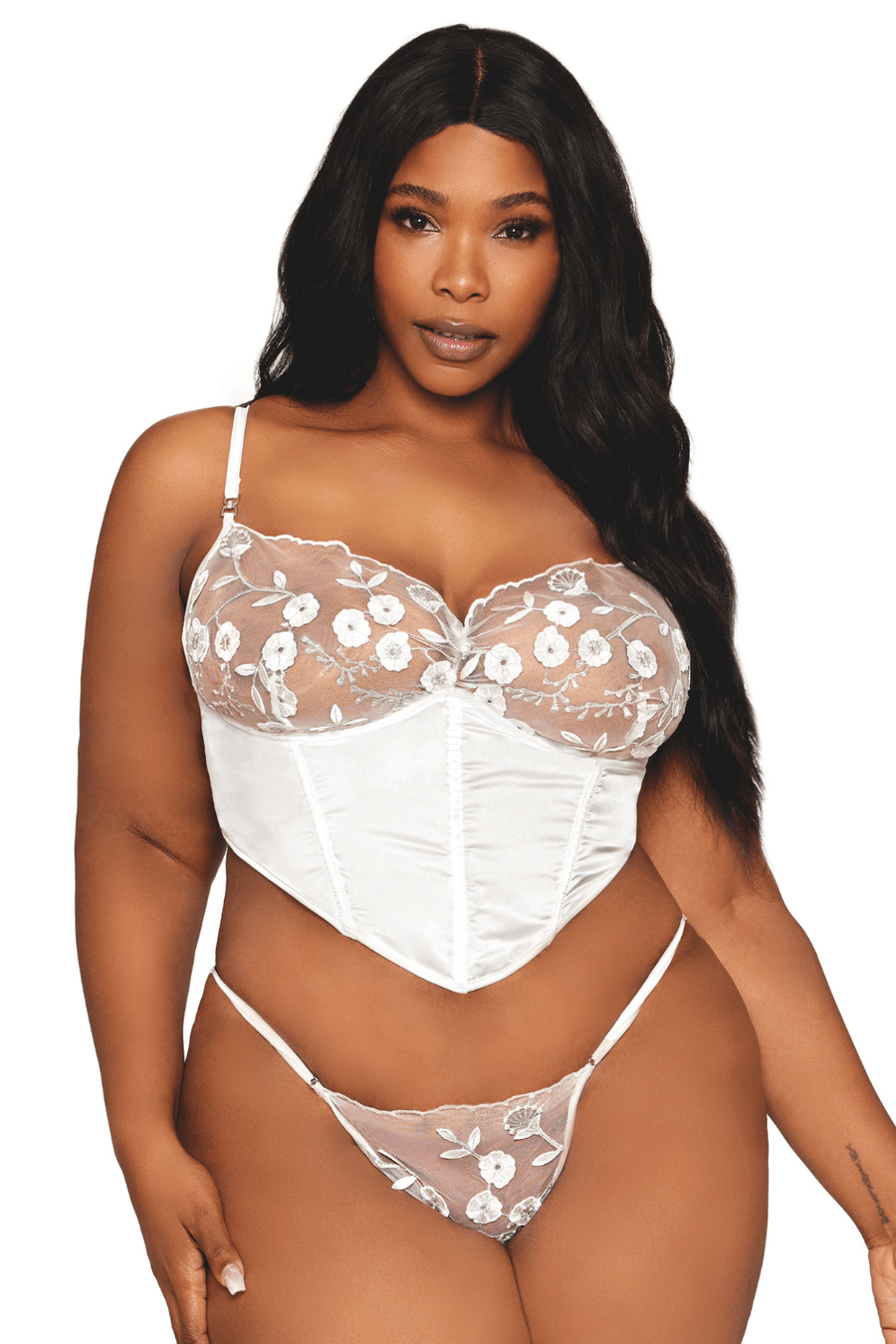 Bustier blanc avec armatures grande taille, en satin et dentelle florale – Dreamgirl | Voyage Sensuel