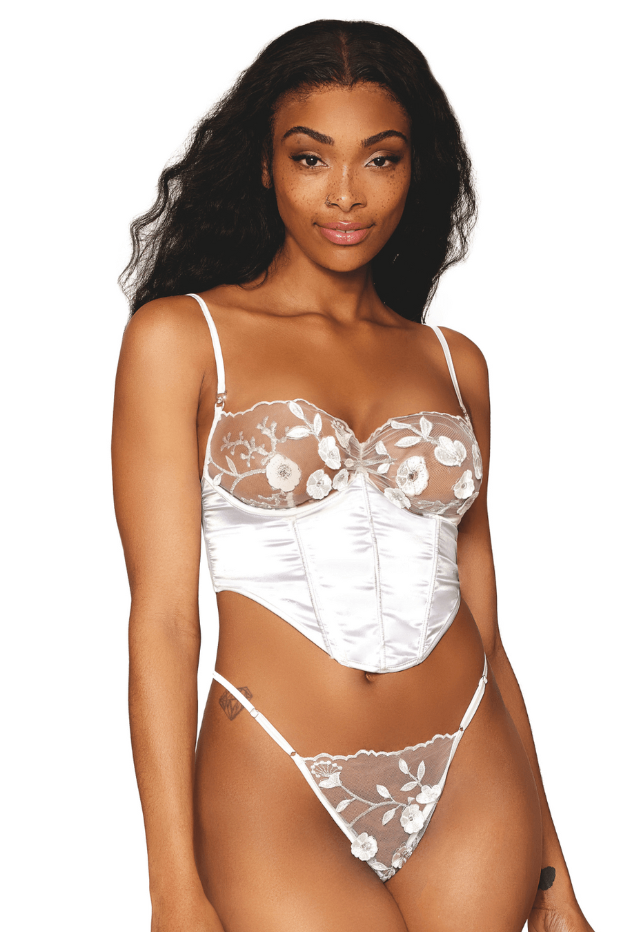 Bustier blanc avec armatures, en satin et dentelle florale – Dreamgirl | Voyage Sensuel