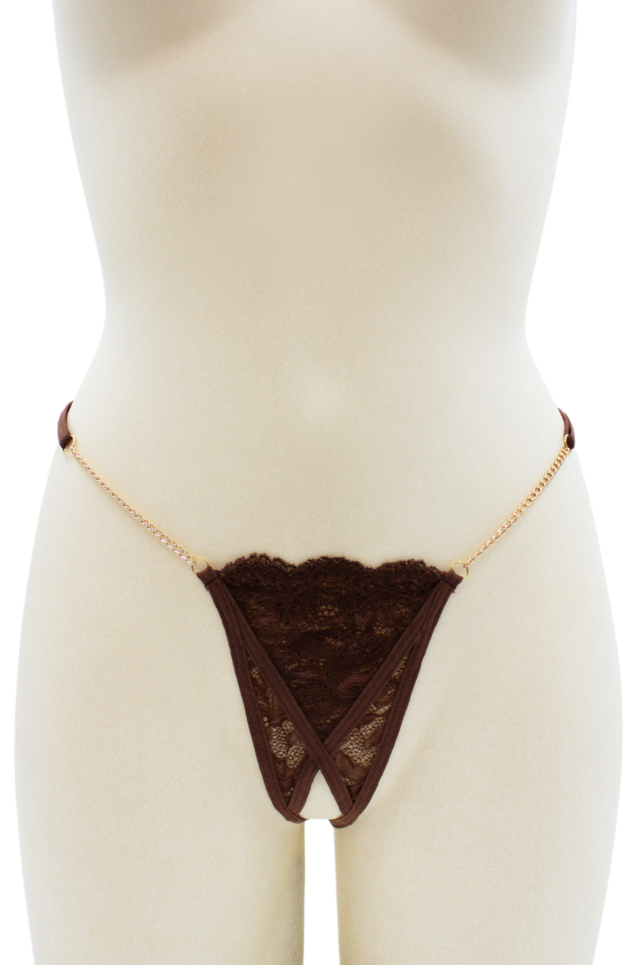 String en dentelle marron ouvert avec chaînes dorées – Be Lily Panties | Voyage Sensuel