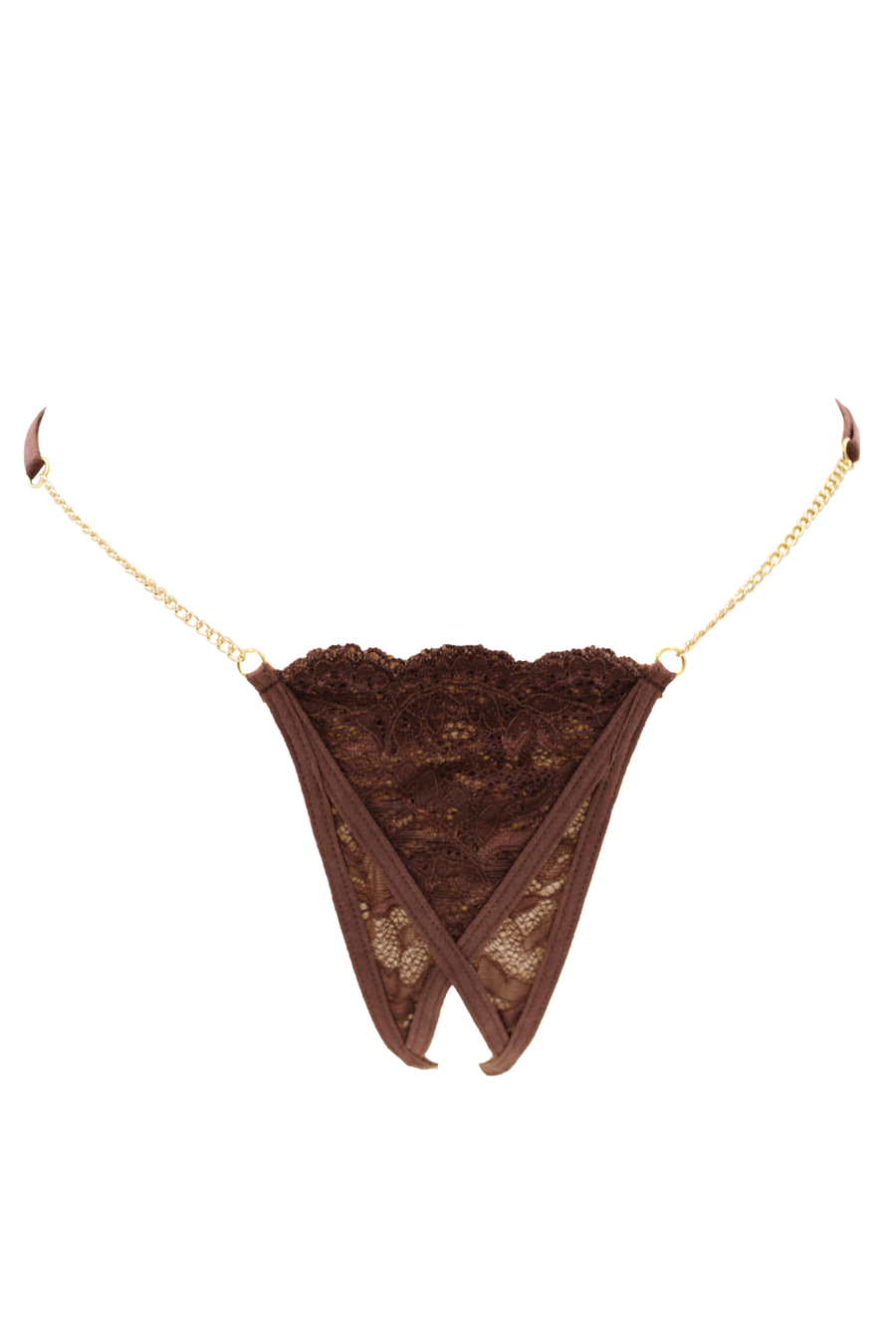 String en dentelle marron ouvert avec chaînes dorées – Be Lily Panties | Voyage Sensuel