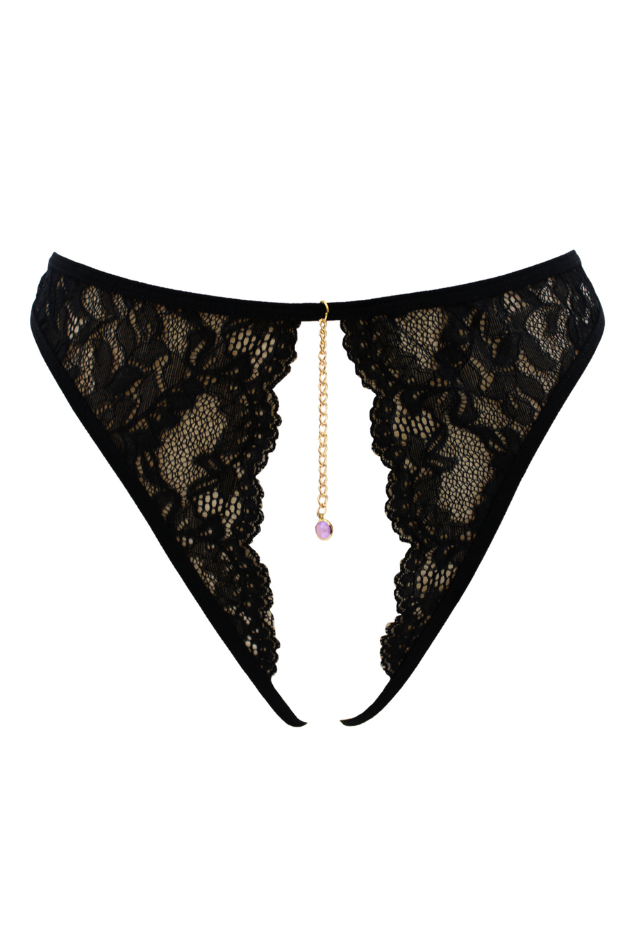 String noir avec bijou couleur aléatoire et chaîne dorée – Be Lily Panties | Voyage Sensuel