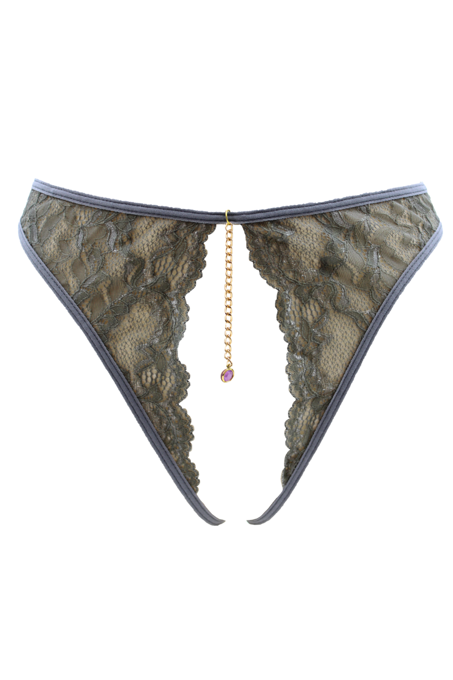 String gris avec bijou couleur aléatoire et chaîne dorée – Be Lily Panties | Voyage Sensuel