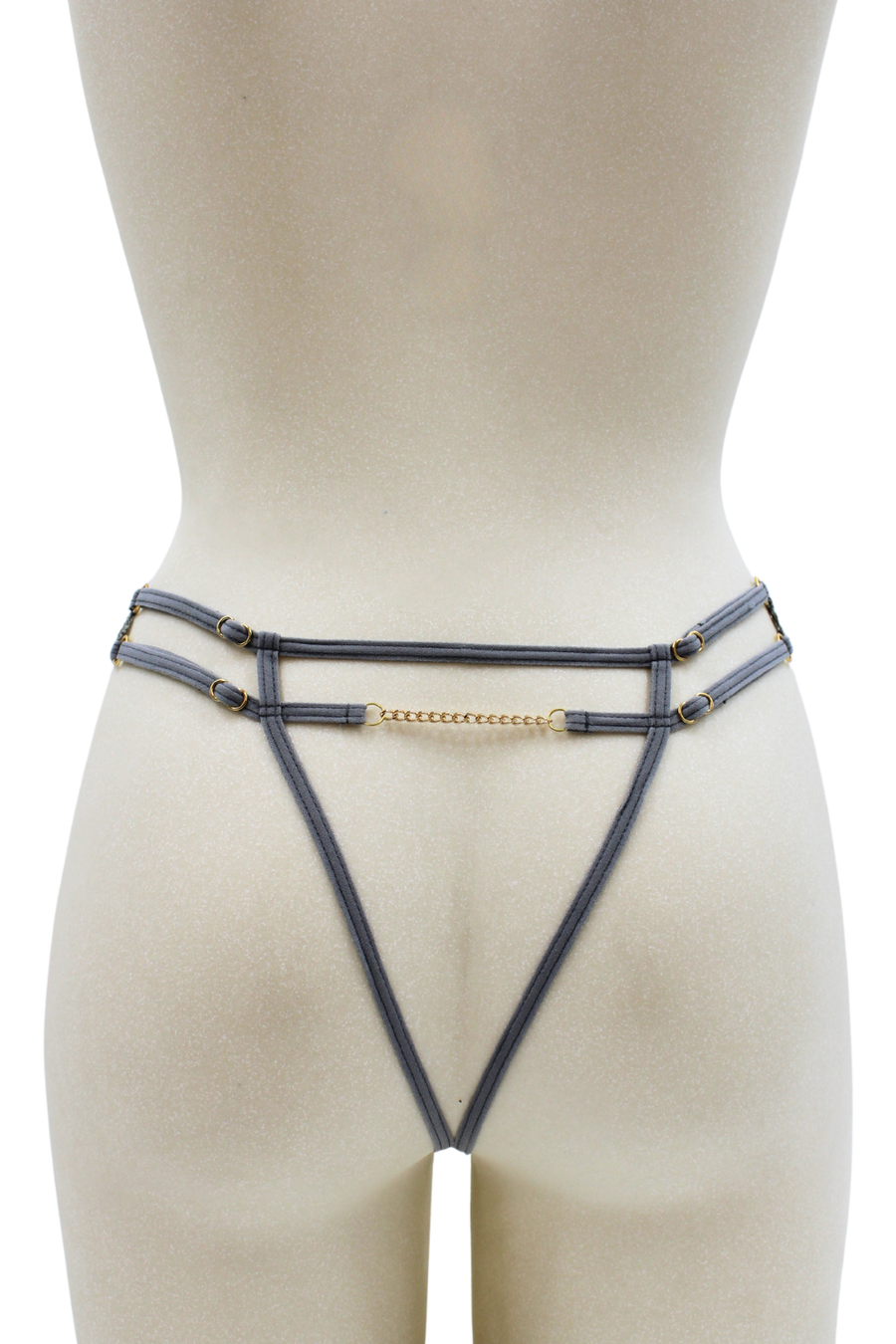 String gris avec bijou couleur aléatoire et chaîne dorée – Be Lily Panties | Voyage Sensuel