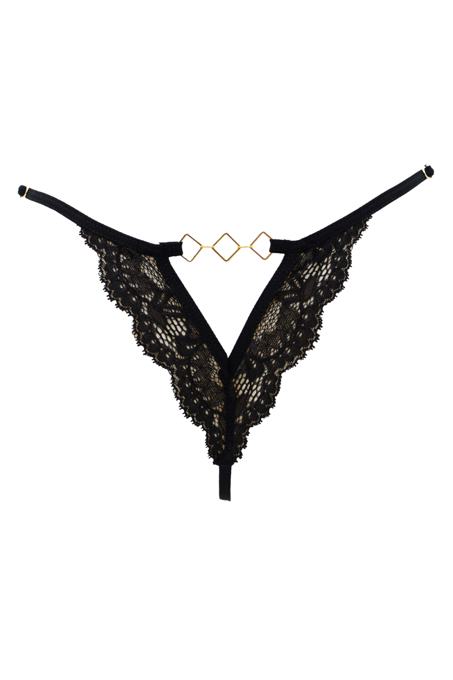 Tanga noir en dentelle avec bijou losanges dorés – Be Lily Panties | Voyage Sensuel