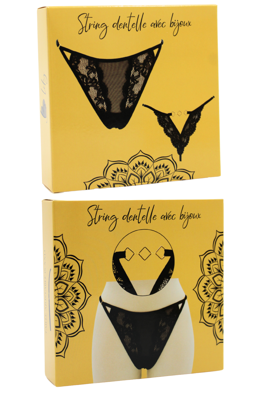 Tanga noir en dentelle avec bijou losanges dorés – Be Lily Panties | Voyage Sensuel