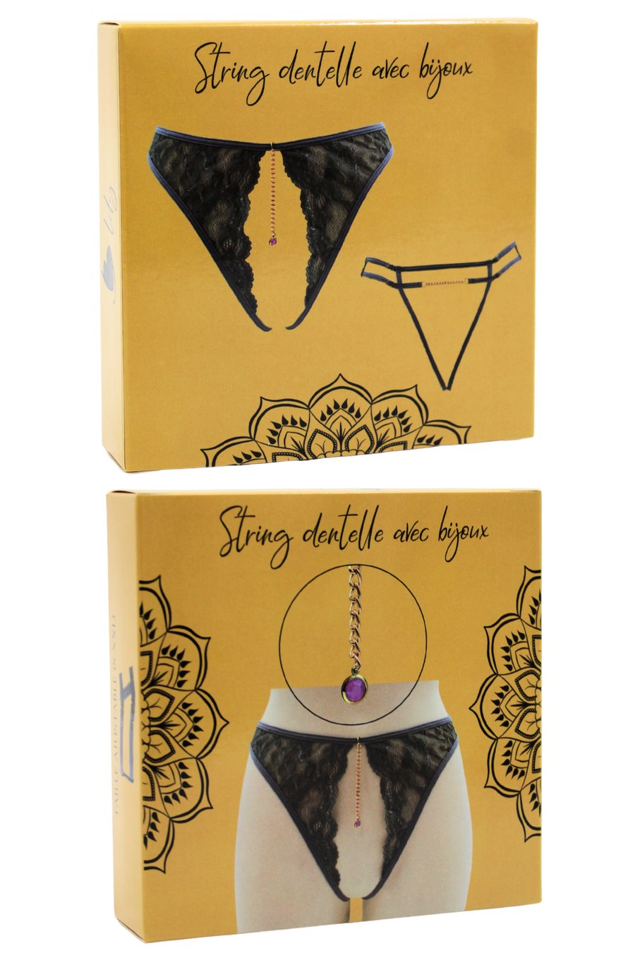 String gris avec bijou couleur aléatoire et chaîne dorée – Be Lily Panties | Voyage Sensuel