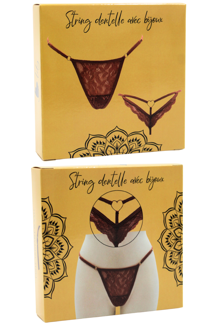 String taupe en dentelle avec bijou cœur doré – Be Lily Panties | Voyage Sensuel
