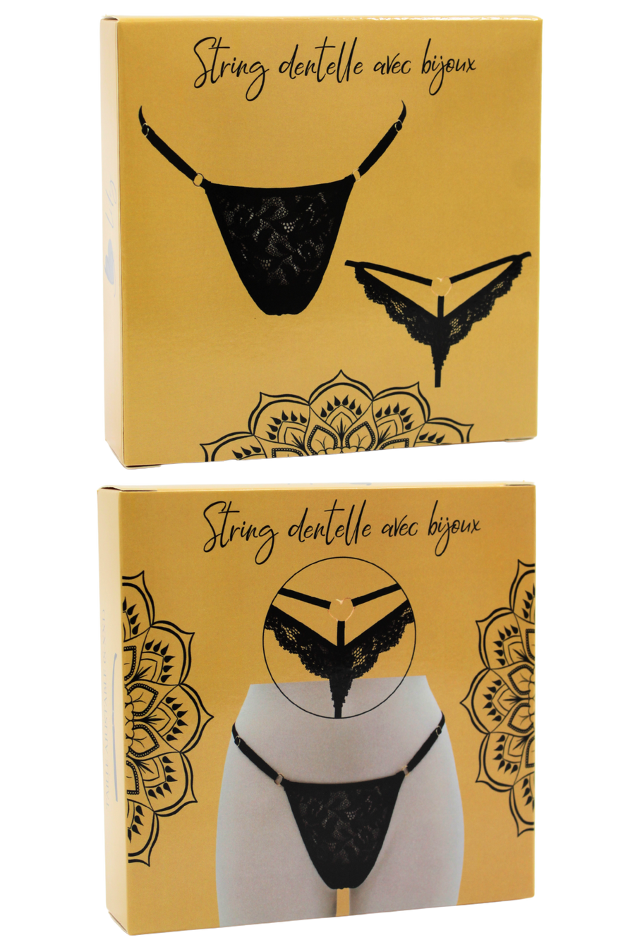 String noir en dentelle avec bijou cœur doré – Be Lily Panties | Voyage Sensuel