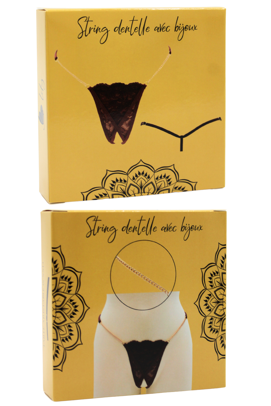 String en dentelle marron ouvert avec chaînes dorées – Be Lily Panties | Voyage Sensuel
