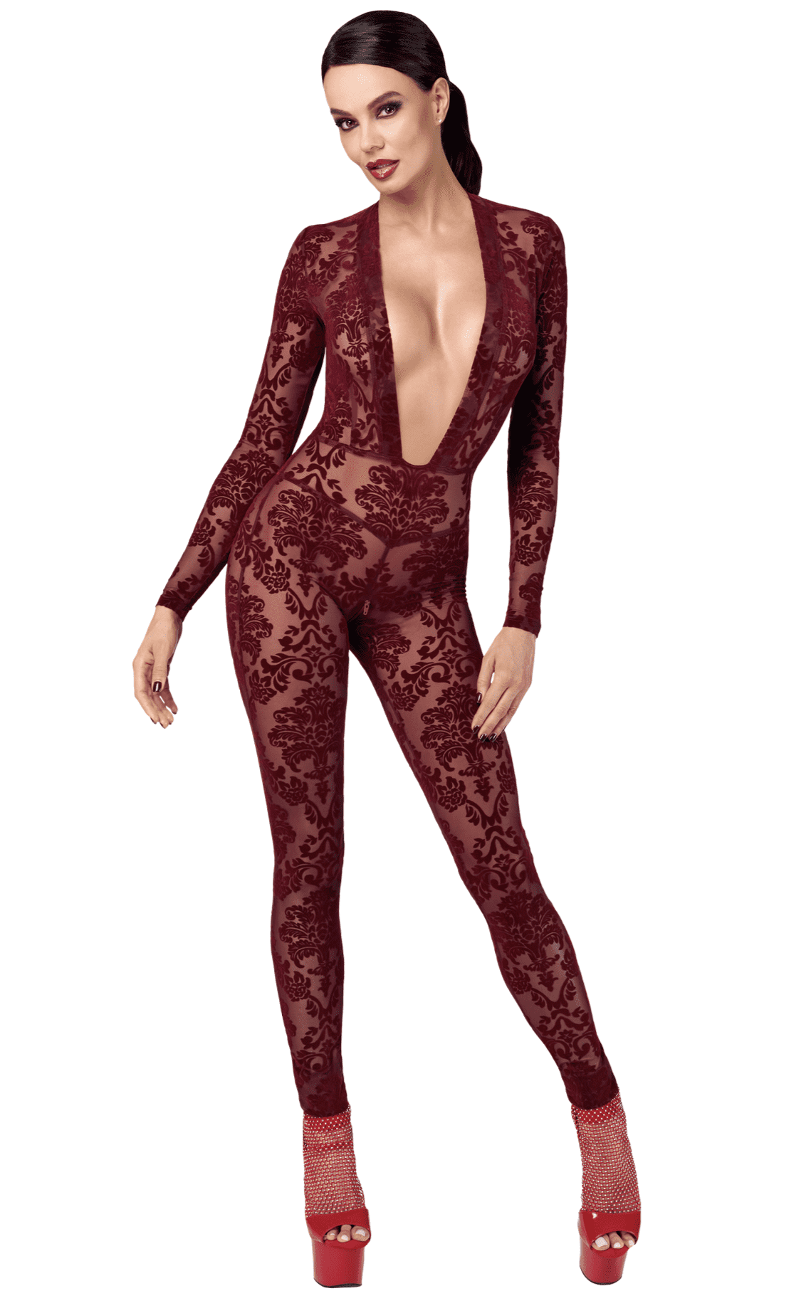Catsuit chic en tulle transparent – Noir