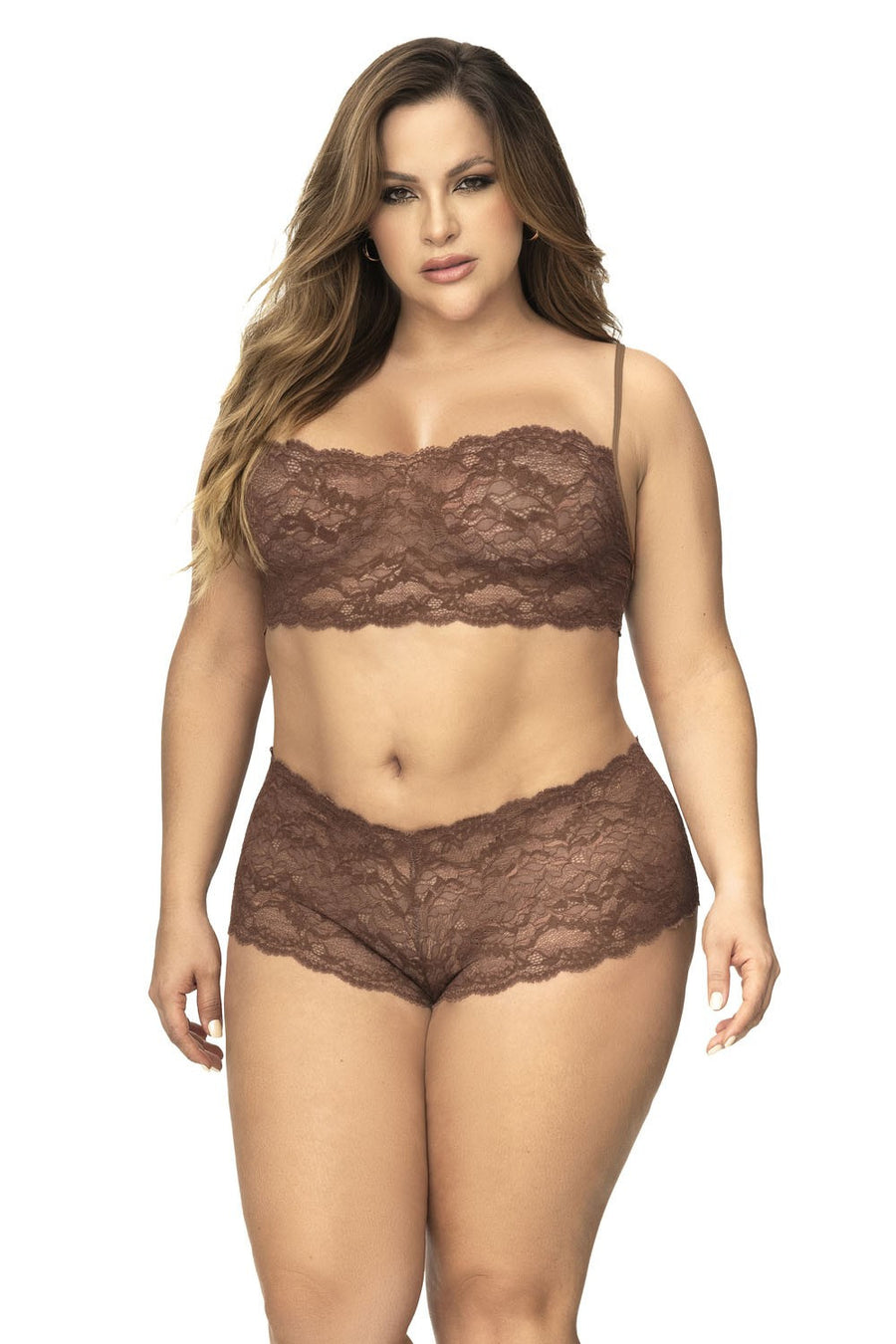 Ensemble 2 pièces en dentelle grande taille, top à bretelles et shorty couleur cacao | Voyage Sensuel