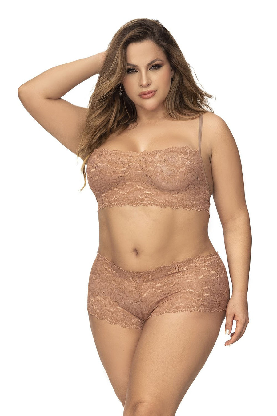 Ensemble 2 pièces en dentelle grande taille, top à bretelles et shorty couleur taupe | Voyage Sensuel