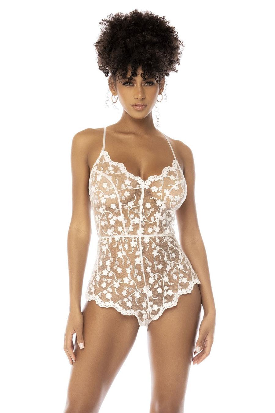Body blanc transparent Celina avec dentelle brodée florale, bretelles ajustables | Voyage Sensuel