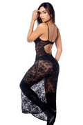 Robe longue sexy en dentelle cuir avec string et porte-jarretelles