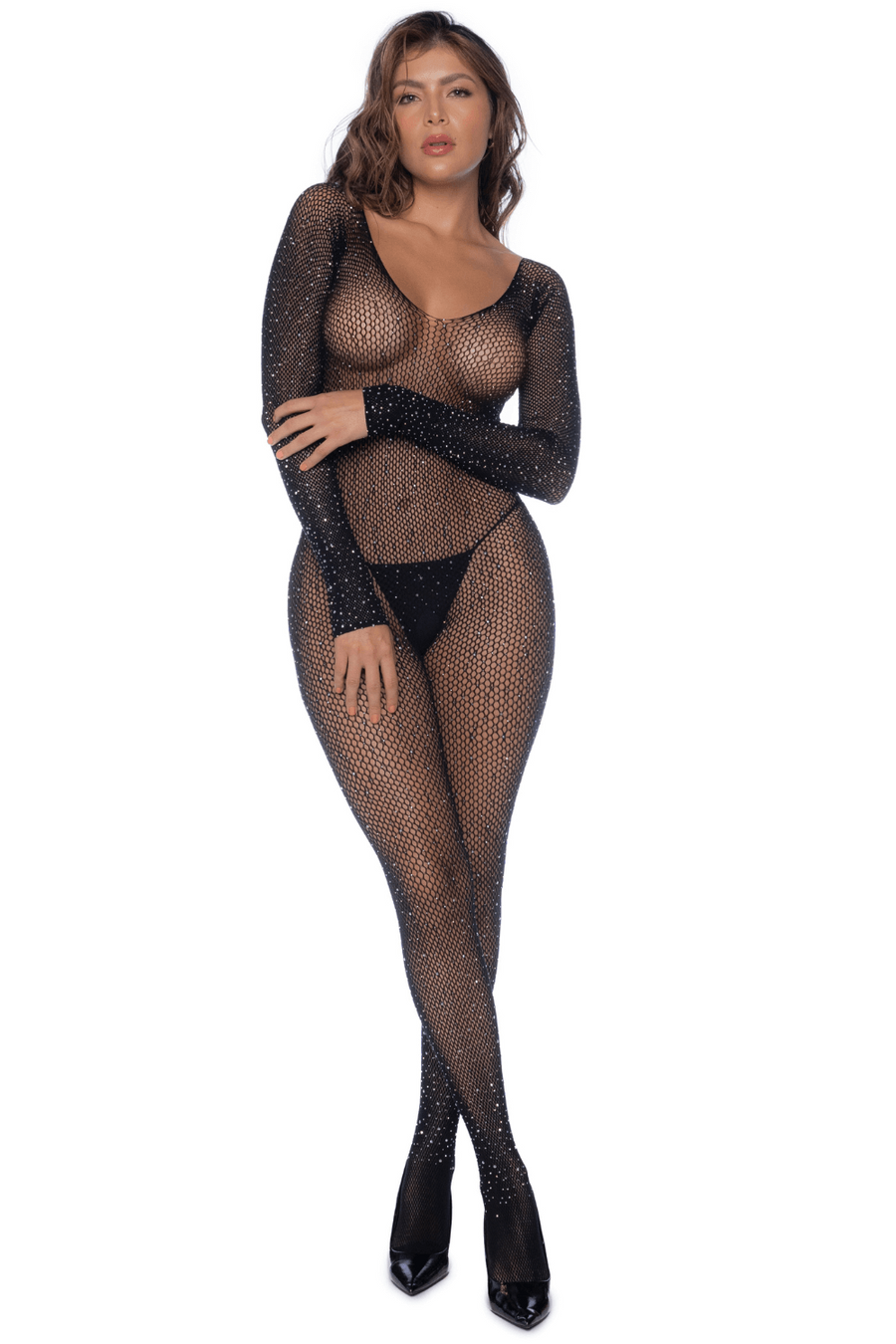 Combinaison noire en résille ornée de strass | Voyage Sensuel