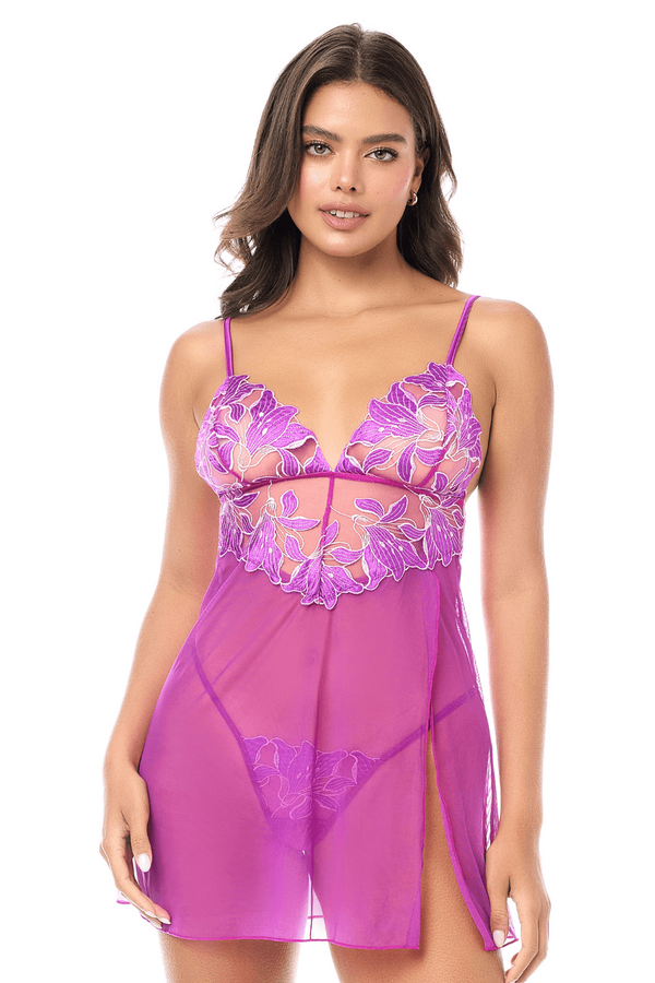 Babydoll sexy en résille brodée florale et string