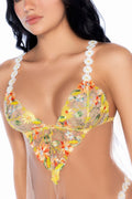 Nuisette transparente brodée jaune et string