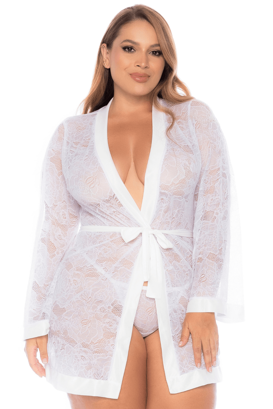 Peignoir grande taille en dentelle blanche | Voyage Sensuel