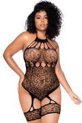 Body grande taille en résille léopard noir à tour de cou et jarretières intégrées - Mapalé