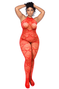 Bodystocking grande taille en résille rouge à motif cœur, orné de strass, ouvert à l’entrejambe - Mapalé