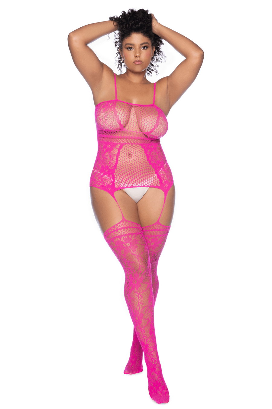 Combinaison grande taille en résille rose | Voyage Sensuel