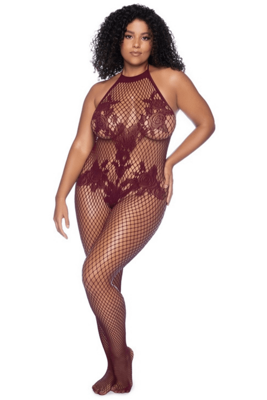 Combinaison grande taille en résille couleur cerise | Voyage Sensuel