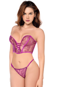 Ensemble sexy 2 pièces bustier string en dentelle satinée
