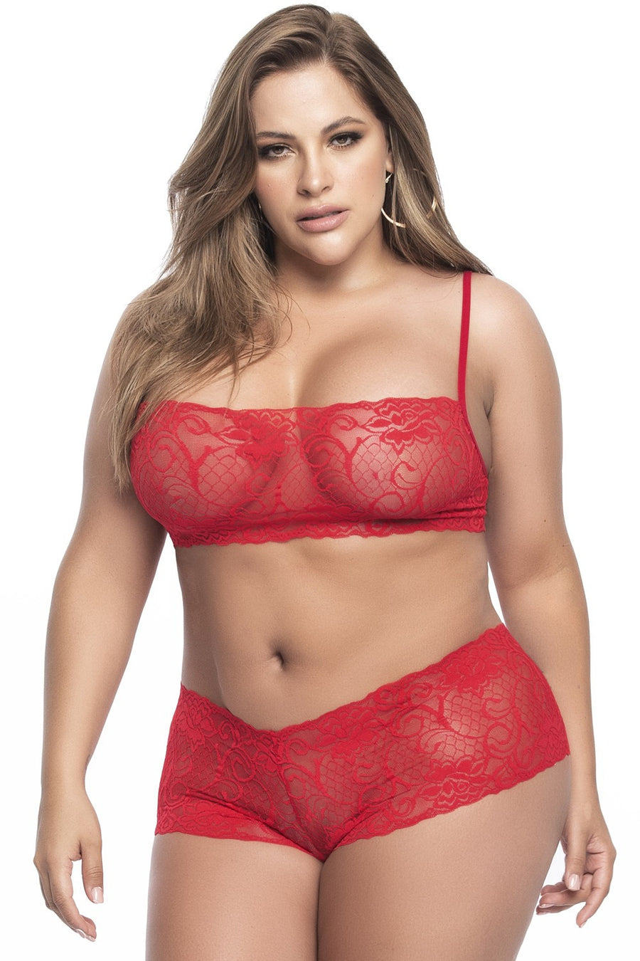 Ensemble lingerie, grande taille, rouge top bustier et shorty dentelle | Voyage Sensuel