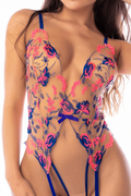 Body teddy bleu et rose brodé avec porte-jarretelles – Mapalé