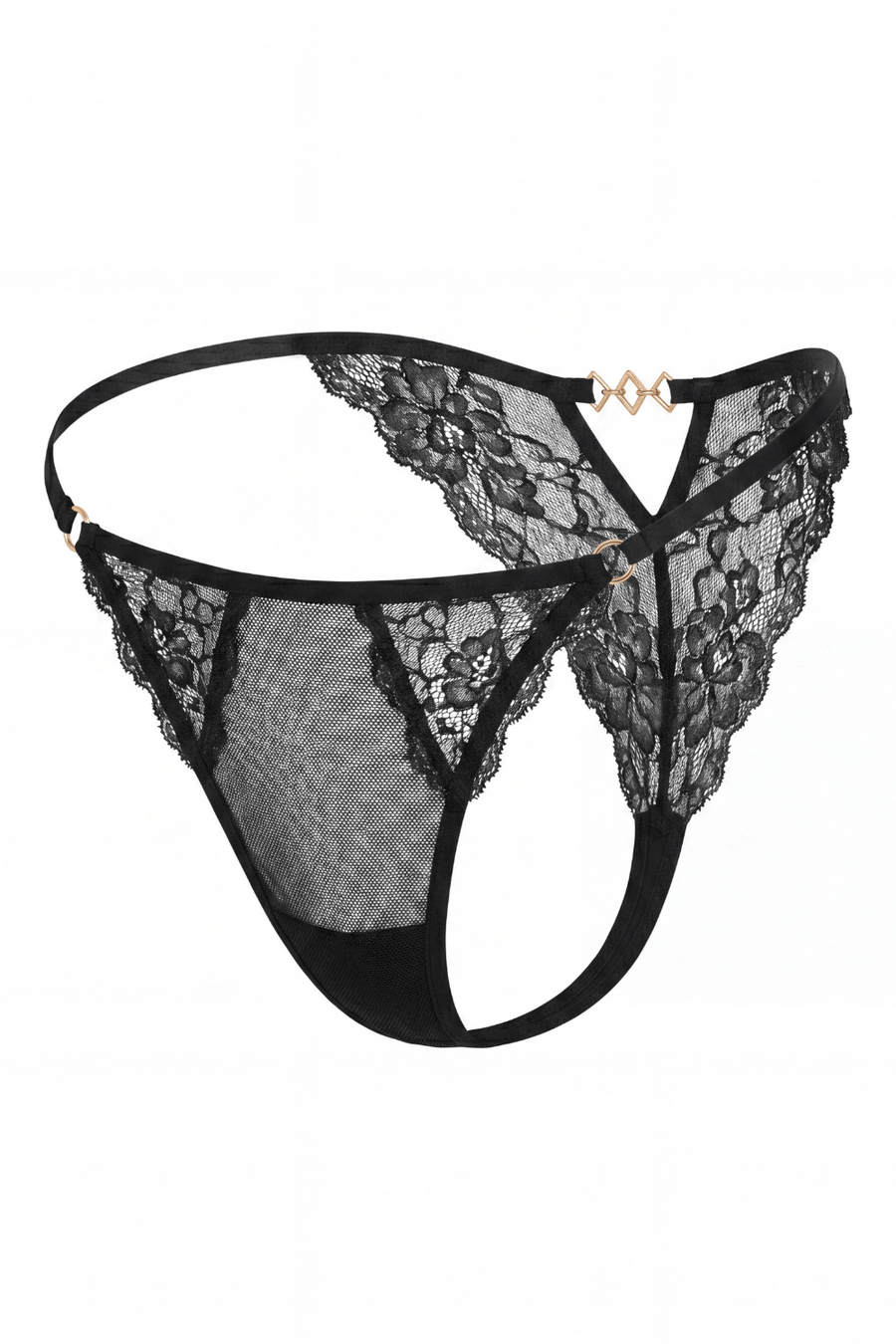 Tanga noir en dentelle avec bijou losanges dorés – Be Lily Panties | Voyage Sensuel