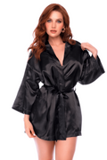 Peignoir court satiné noir avec ceinture à nouer - Mapalé