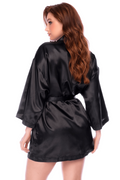 Peignoir court satiné noir avec ceinture à nouer - Mapalé