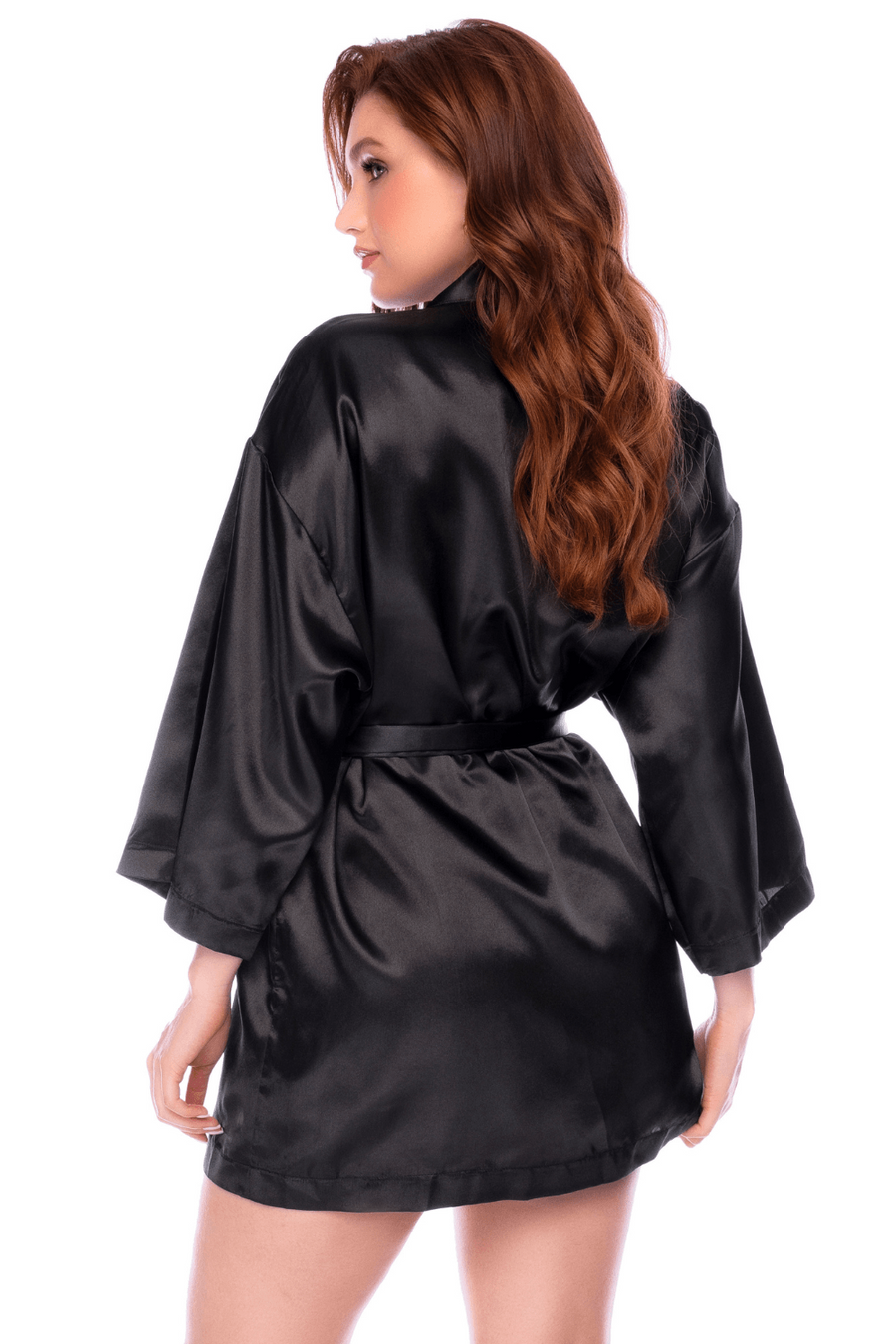 Peignoir court satiné noir avec ceinture à nouer - Mapalé | Voyage Sensuel