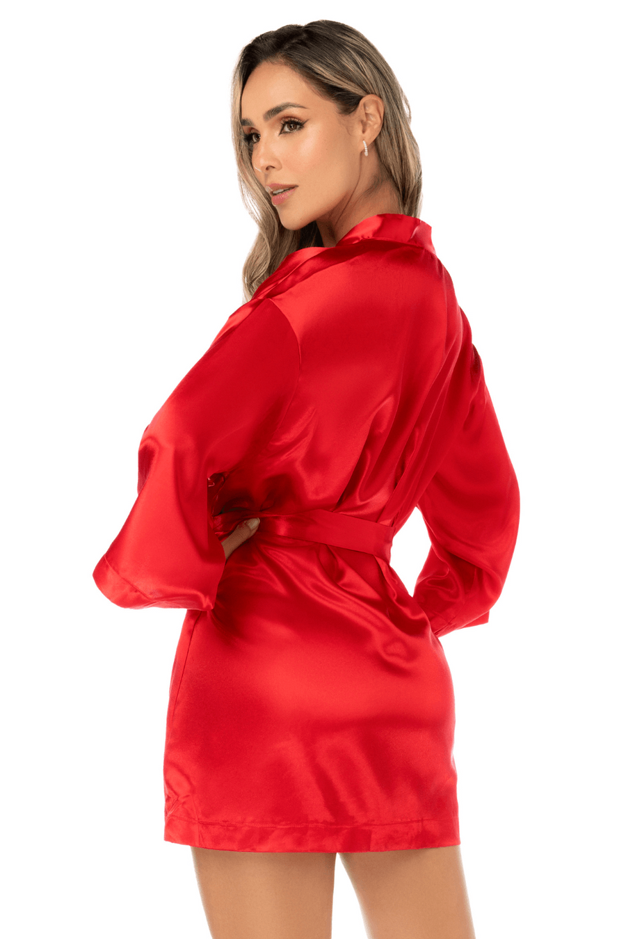 Peignoir court satiné rouge avec ceinture à nouer - Mapalé | Voyage Sensuel