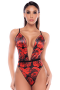 Body noir et rouge en résille transparente avec imprimé et décolleté plongeant - Mapalé