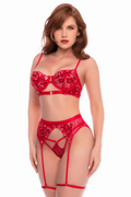 Ensemble 3 pièces rouge écarlate avec soutien-gorge brodé de sequins, porte-jarretelles et string - Mapalé