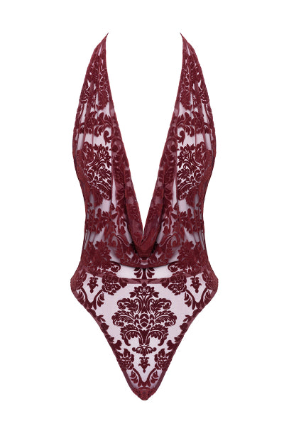 Body tulle floqué dos nu Noir Handmade - Séduction