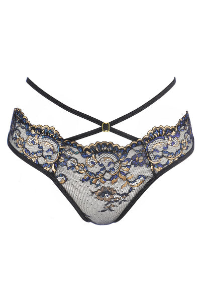 String Dentelle Noir Brodé Bleu & Or - Axami - 4