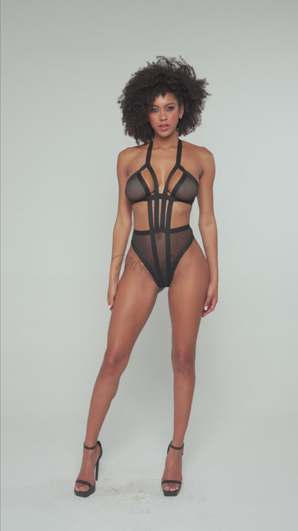 Body string noir en maille transparente - Mapalé