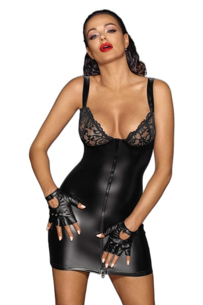 Mini robe zippée wetlook et dentelle F254 — Noir HandMade - 1