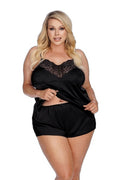 Ensemble caraco et short Laura - Noir satiné et dentelle - 1