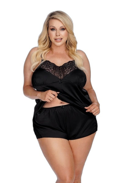 Ensemble caraco et short Laura - Noir satiné et dentelle - 1