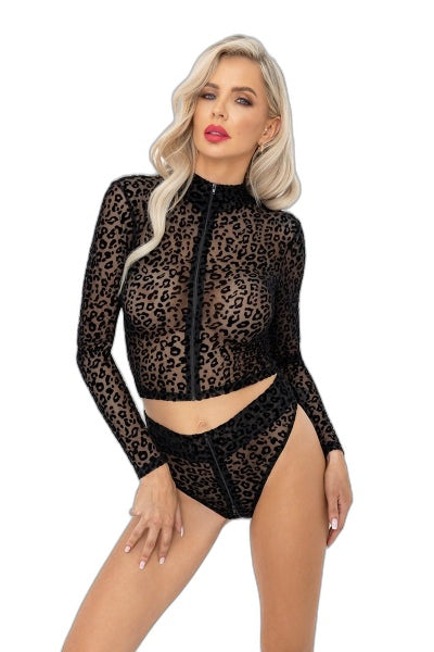 Top Manches Longues Zippé Tulle Léopard Noir HandMade