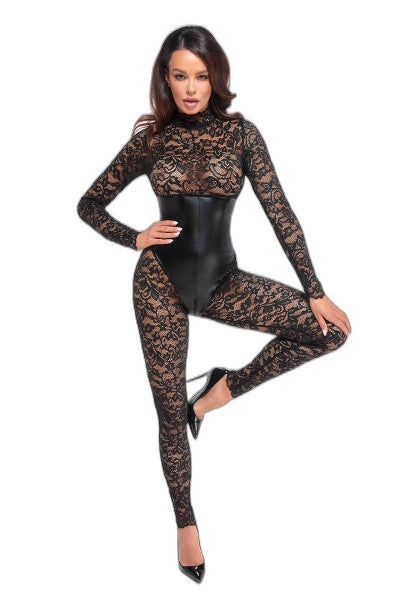Combinaison Corset Enigma Dentelle & Wetlook Noir - 1