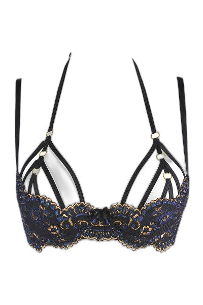Soutien-gorge Dentelle Noir Axami - Broderies Or et Bleu - 4 | Voyage Sensuel