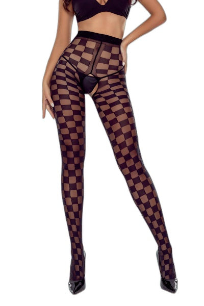 Collants ouverts noirs 20 deniers - Motif damier séduction