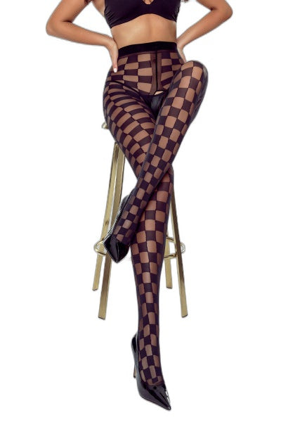 Collants ouverts noirs 20 deniers - Motif damier séduction